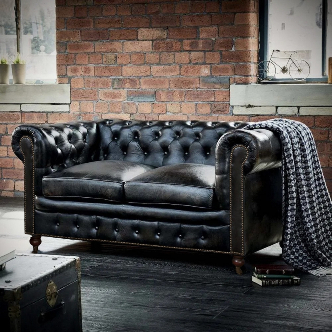 Chesterfield Aged Full Grain Leather 2 Seater - Belon Black image 1